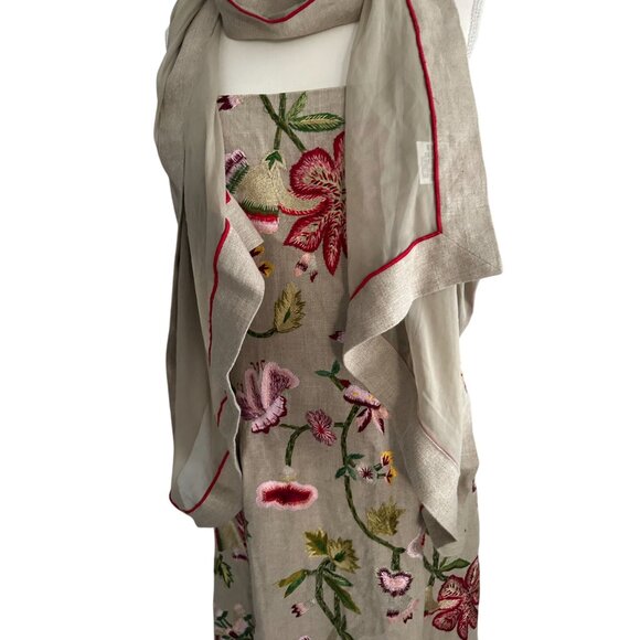 CARLISLE 100% Linen Floral Embroidered Dress and Matching Scarf Shawl - Picture 7 of 14